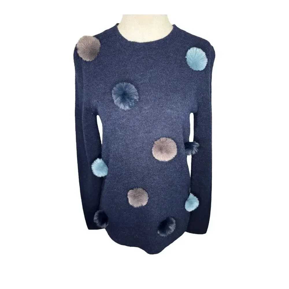 Banana Republic Women's XS‎ Blue Pom Pom Crewneck Pullover Sweater Long Sleeve